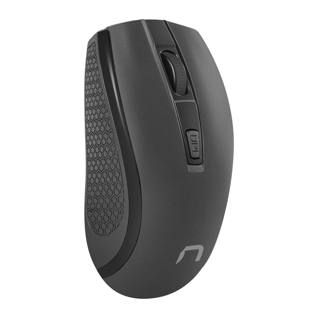 Souris Natec Jay 2 Noir Sans Fil 2,4 GHz Ambidextre, vue latérale: molette, bouton DPI et grip hexagonal