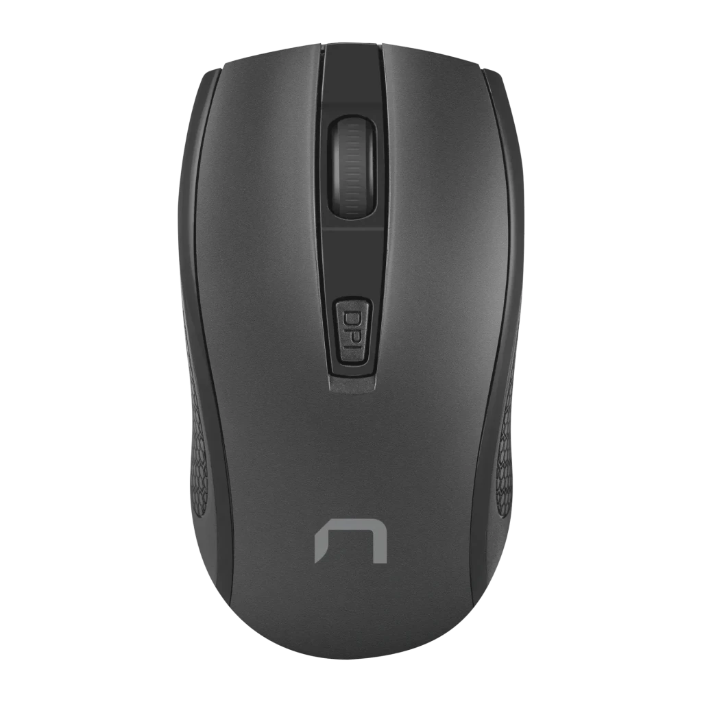Souris Natec Jay 2 Noir Sans Fil 2,4 GHz Ambidextre, vue du dessus: molette, bouton DPI et logo Natec visibles