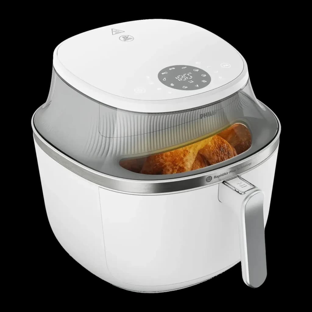 Fritadeira de Ar Philips 3000 Series 7,2L 2000W 16 Programas Branco NA341/10, vista em ângulo: tampa transparente aberta