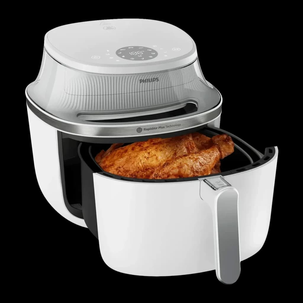 Fritadeira de Ar Philips 3000 Series 7,2L 2000W 16 Programas Branco NA341/10, gaveta aberta: frango dourado na cesta, tampa