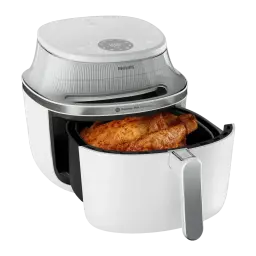 Freidora de aire Philips 3000 Series 7,2L 2000W 16 Programas Blanco NA341/10, cajón abierto: pollo dorado en cesta, tapa