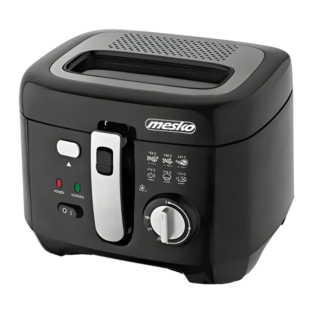 Freidora de aceite Mesko Home 2,5L 1800W Negro/Gris MS 4908, vista frontal en ángulo: asa plateada, mando termostato