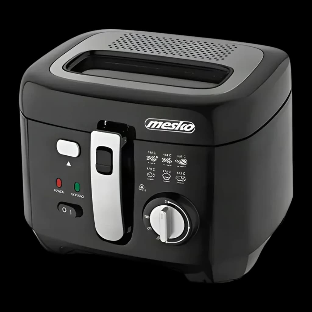 Freidora de aceite Mesko Home 2,5L 1800W Negro/Gris MS 4908, vista frontal en ángulo: asa plateada, mando termostato