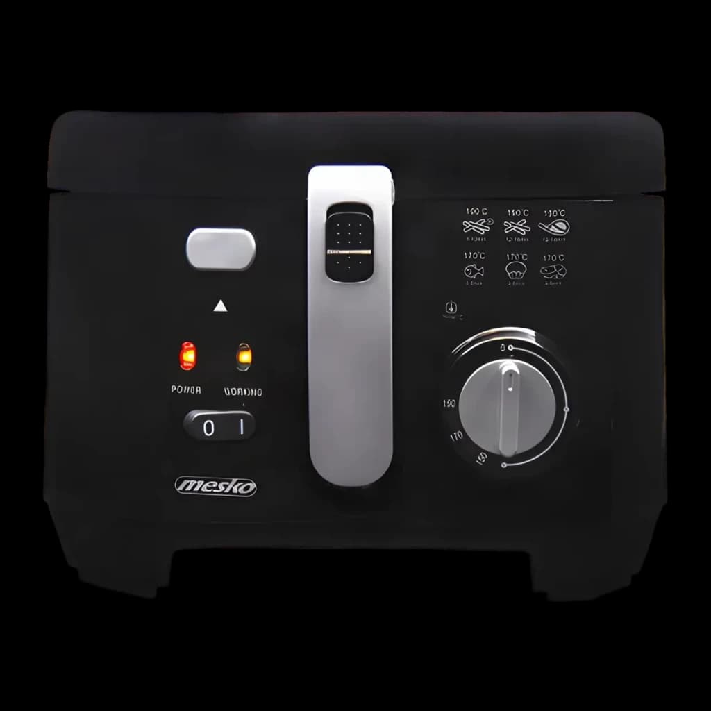 Freidora de aceite Mesko Home 2,5L 1800W Negro/Gris MS 4908, vista frontal: panel con indicadores POWER y WORKING, mando
