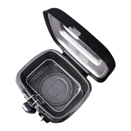 Freidora de aceite Mesko Home 2,5L 1800W Negro/Gris MS 4908, vista superior abierta: cesta metálica de malla y tapa