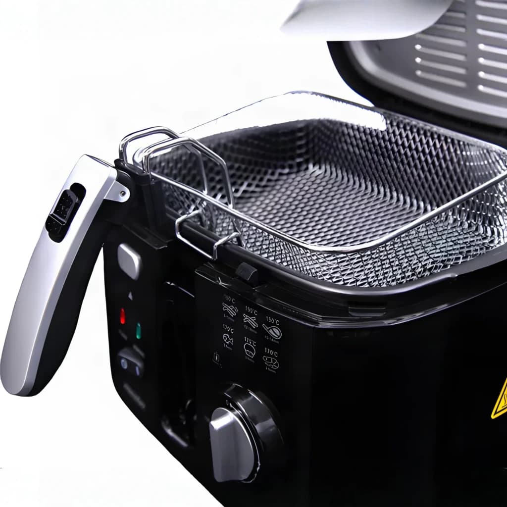 Freidora de aceite Mesko Home 2,5L 1800W Negro/Gris MS 4908, en uso: cesta metálica extraída, tapa abierta y panel