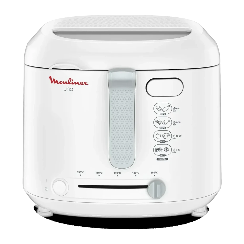 Freidora de aceite Moulinex 1,8L 1600W Blanco AF2031, vista frontal: asa central, selector de temperatura 150-190°C e iconos