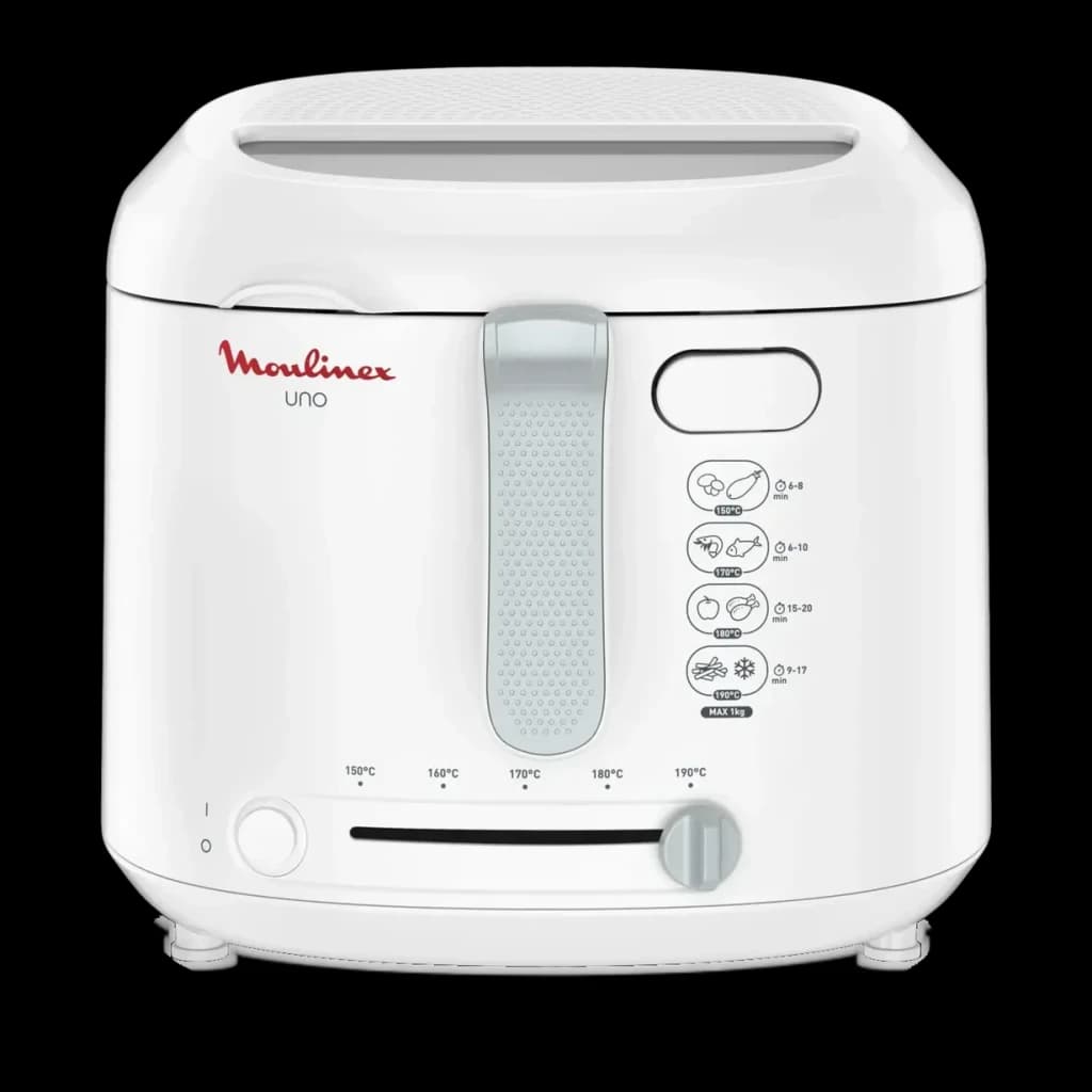 Freidora de aceite Moulinex 1,8L 1600W Blanco AF2031, vista frontal: asa central, selector de temperatura 150-190°C e iconos