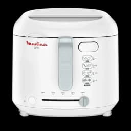 Freidora de aceite Moulinex 1,8L 1600W Blanco AF2031, vista frontal: asa central, selector de temperatura 150-190°C e iconos