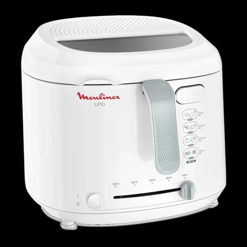 Freidora de aceite Moulinex 1,8L 1600W Blanco AF2031, vista lateral: asa gris, selector temperatura 150-190°C e iconos