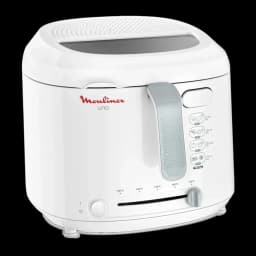 Freidora de aceite Moulinex 1,8L 1600W Blanco AF2031, vista lateral: asa gris, selector temperatura 150-190°C e iconos
