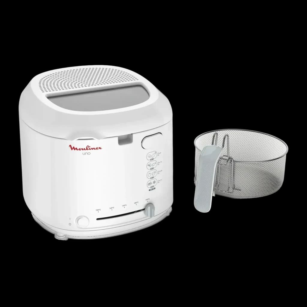 Freidora de aceite Moulinex 1,8L 1600W Blanco AF2031, vista frontal: cuerpo y cesta de fritura extraída al lado