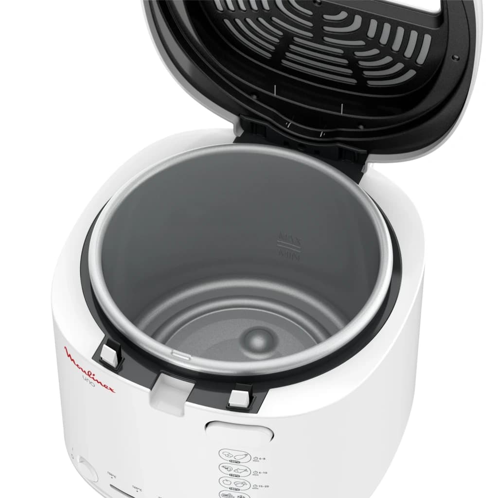 Freidora de aceite Moulinex 1,8L 1600W Blanco AF2031, interior abierto: cubeta antiadherente y tapa negra con rejilla