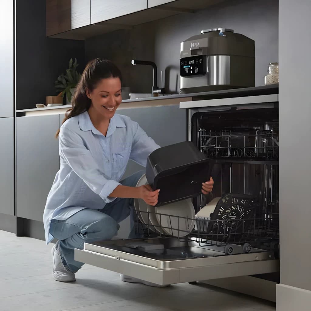 Freidora de Aire Ninja Speedi 5,7L 1760W Negro ON500EU, uso: mujer introduce el cesto negro en el lavavajillas