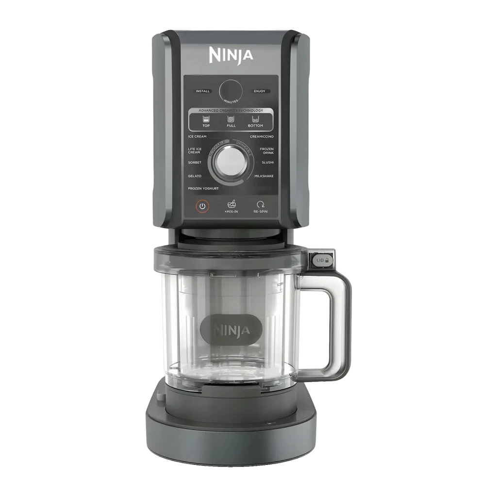 Heladora Ninja CREAMi Deluxe 0,709L 800W Negro NC502EU, vista frontal: panel de control con selector de programas y bol