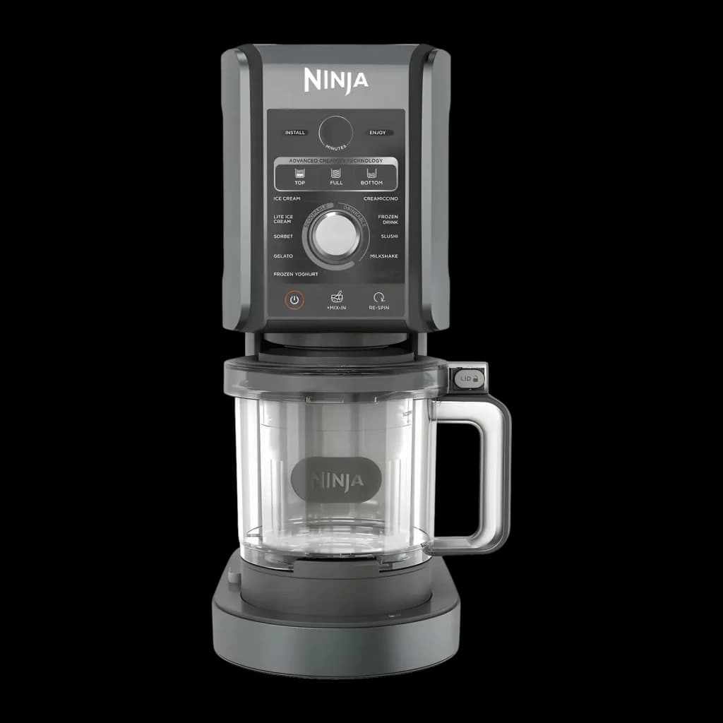 Heladora Ninja CREAMi Deluxe 0,709L 800W Negro NC502EU, vista frontal: panel de control con selector de programas y bol