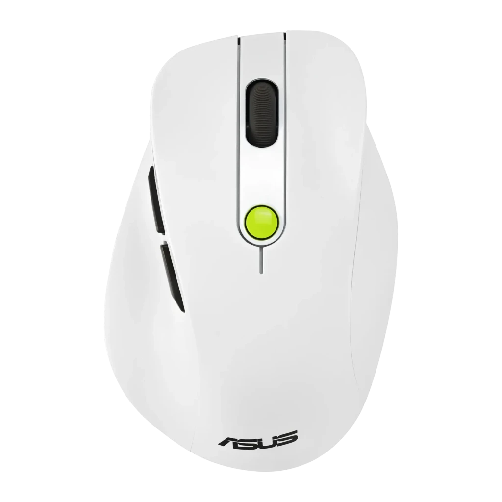 Ratón ASUS MD105 Blanco/Verde Inalámbrico RF/Bluetooth Ergonómico, vista superior: rueda negra, botón verde y botones