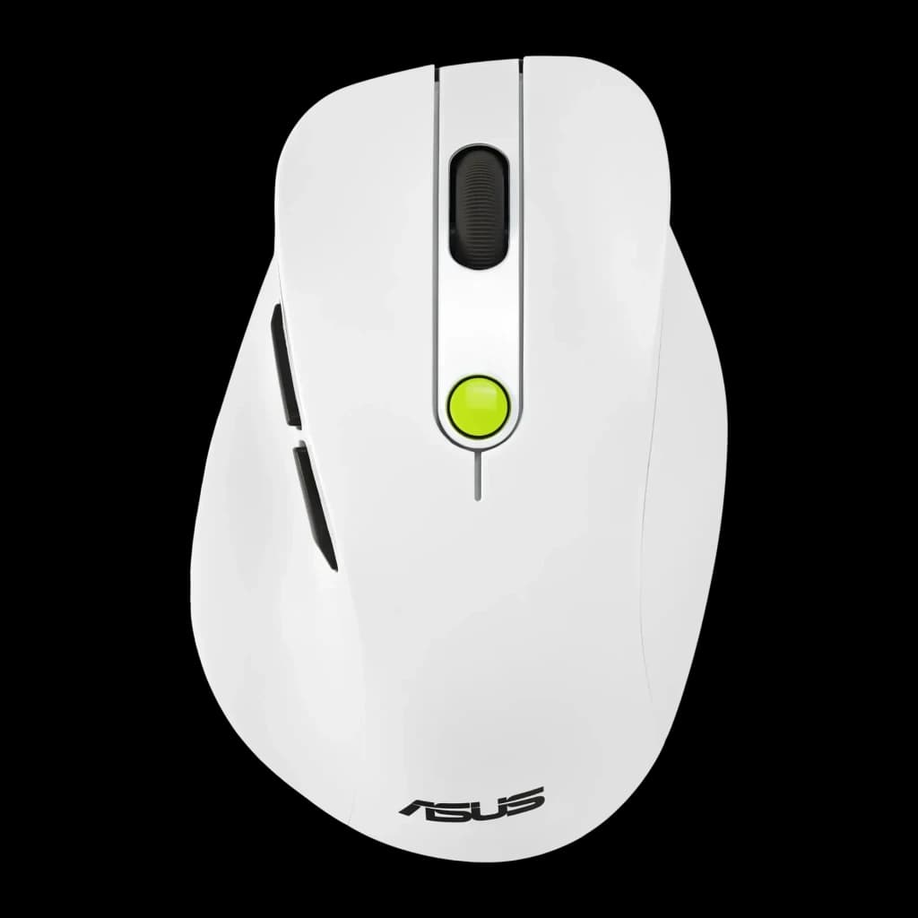 Ratón ASUS MD105 Blanco/Verde Inalámbrico RF/Bluetooth Ergonómico, vista superior: rueda negra, botón verde y botones