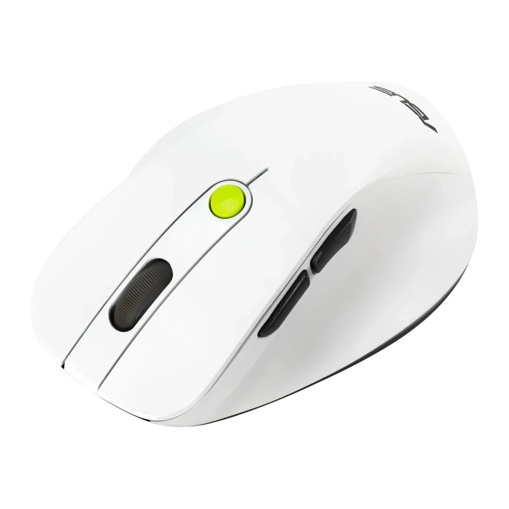 Ratón ASUS MD105 Blanco/Verde Inalámbrico RF/Bluetooth Ergonómico, vista lateral: rueda verde, scroll negro y botones
