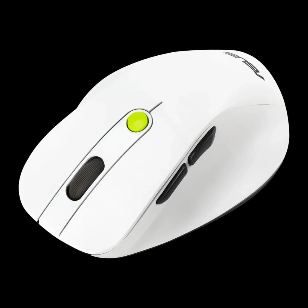 Ratón ASUS MD105 Blanco/Verde Inalámbrico RF/Bluetooth Ergonómico, vista lateral: rueda verde, scroll negro y botones