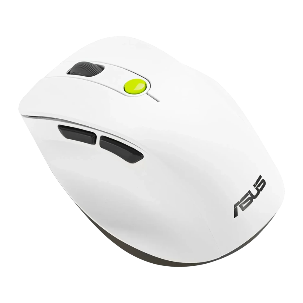 Ratón ASUS MD105 Blanco/Verde Inalámbrico RF/Bluetooth Ergonómico, vista superior: botón verde central, rueda gris y botones