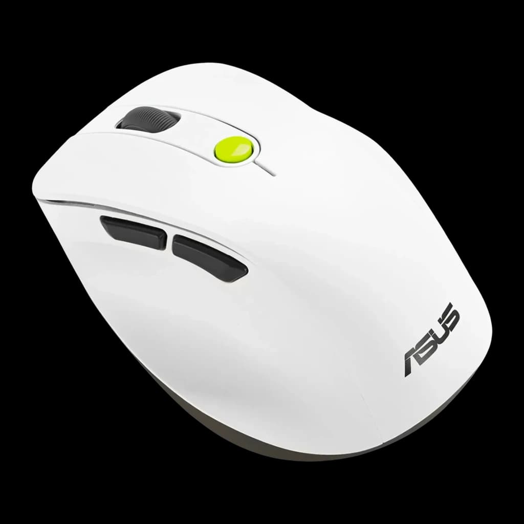Ratón ASUS MD105 Blanco/Verde Inalámbrico RF/Bluetooth Ergonómico, vista superior: botón verde central, rueda gris y botones