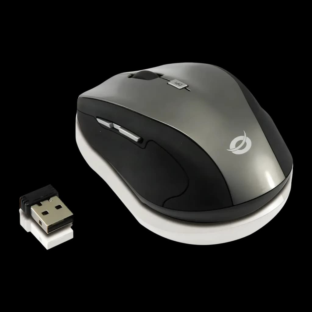 Rato sem fios Conceptronic Regas TW5 Preto, vista superior: rato com logótipo e nano recetor USB