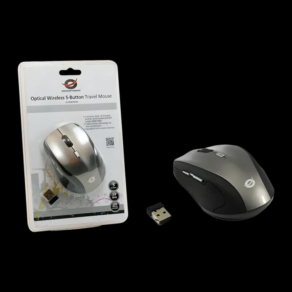 Rato sem fios Conceptronic Regas TW5 Preto, pack: embalagem retail, vista lateral do rato e nano recetor USB em fundo preto