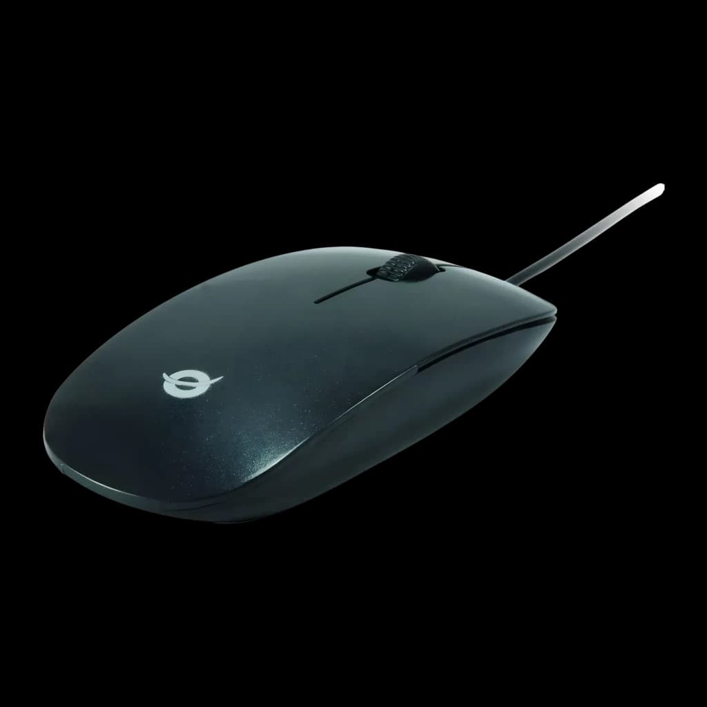 Ratón Conceptronic Negro CLLM3BDESK, vista lateral: diseño plano con rueda central, logo y cable USB