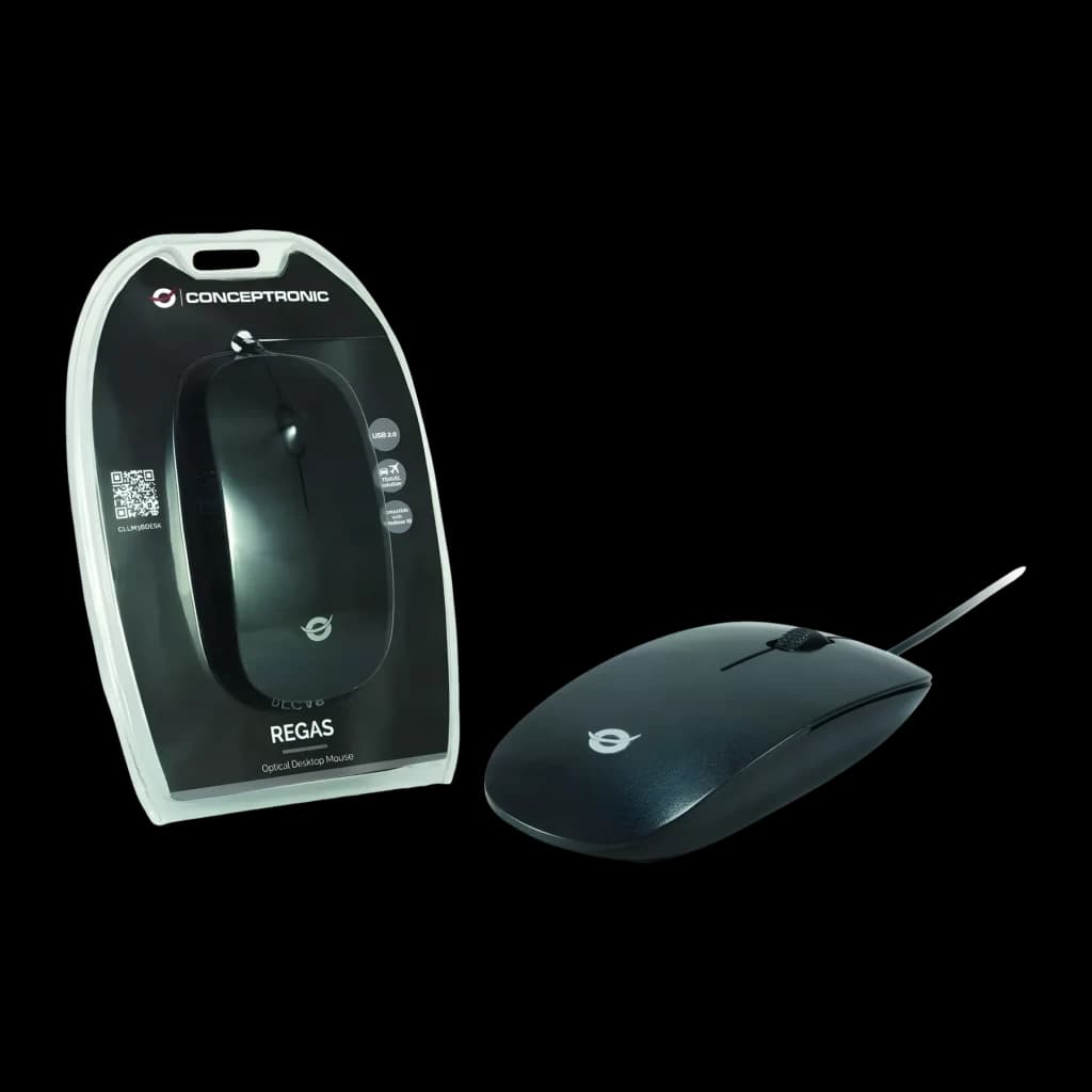 Ratón Conceptronic Negro CLLM3BDESK, vista con caja: ratón con cable junto a packaging blíster REGAS sobre fondo negro