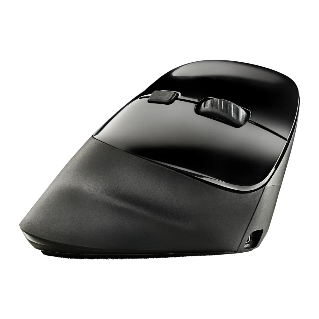 Ratón NGS Evo Moksha Negro Inalámbrico RF Ergonómico Vertical, vista superior en ángulo: rueda y botones sobre cuerpo