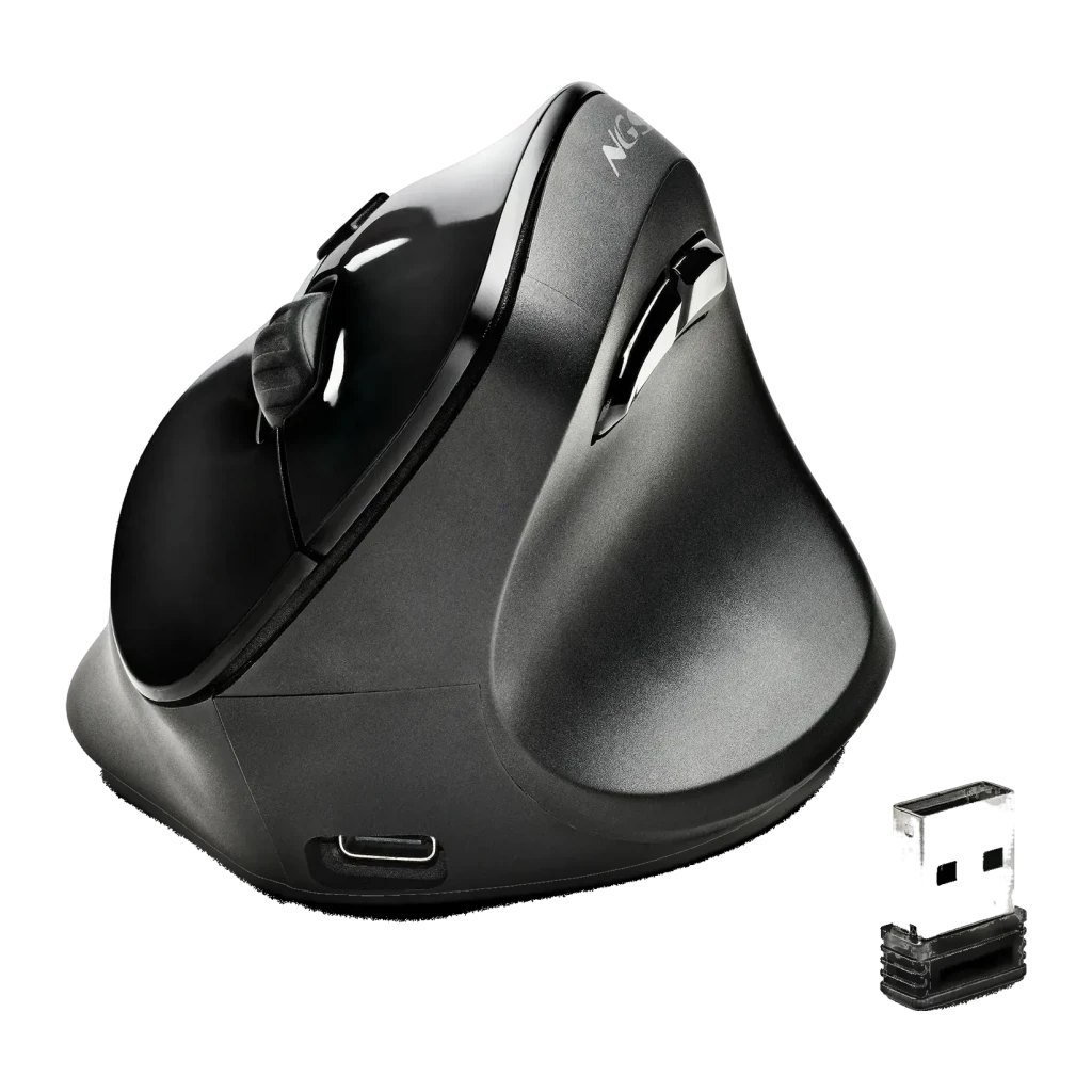 Ratón NGS Evo Moksha Negro Inalámbrico RF Ergonómico Vertical, vista frontal-inferior: puerto USB-C y nano receptor RF