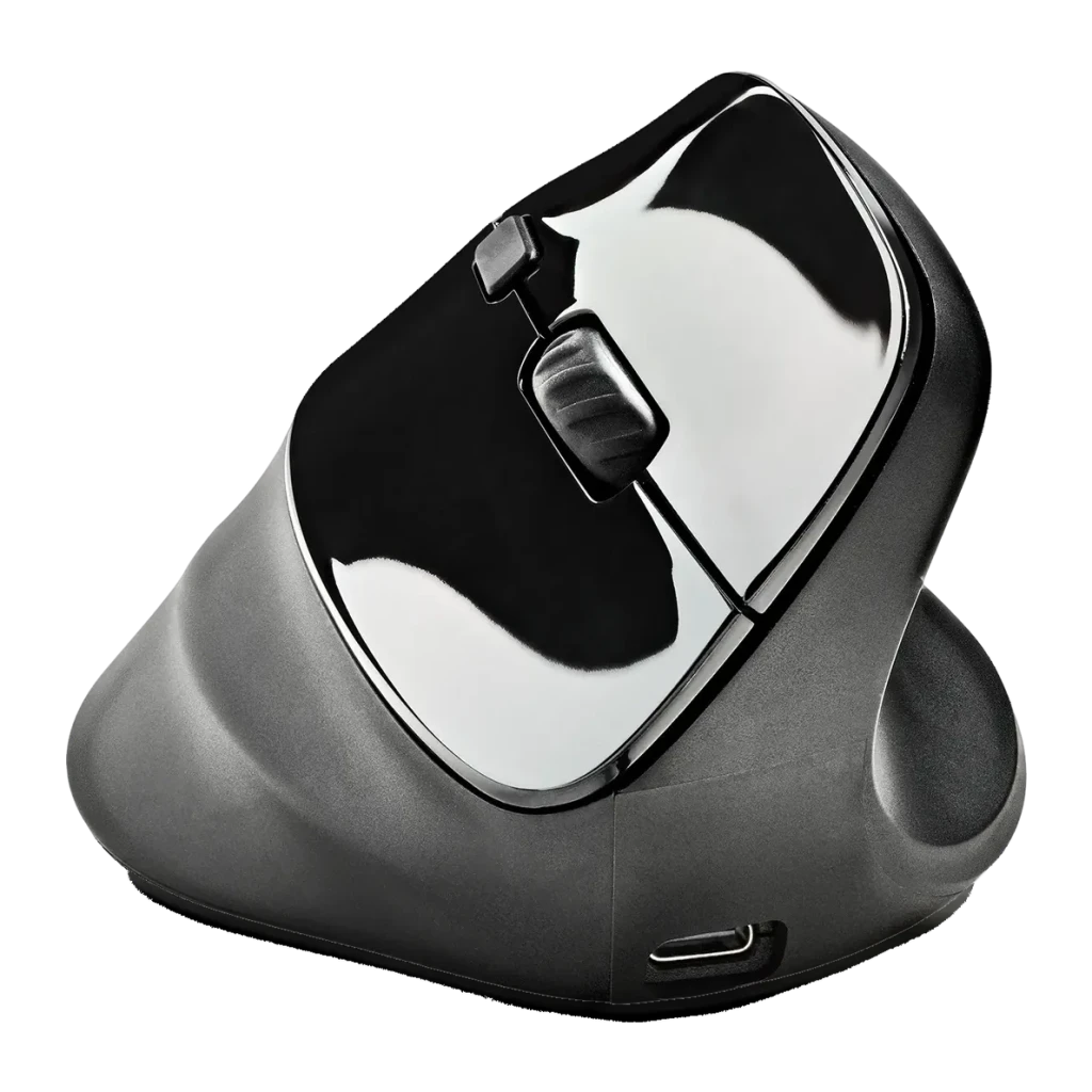 Ratón NGS Evo Moksha Negro Inalámbrico RF Ergonómico Vertical, vista frontal: superficie cromada brillante, rueda de scroll