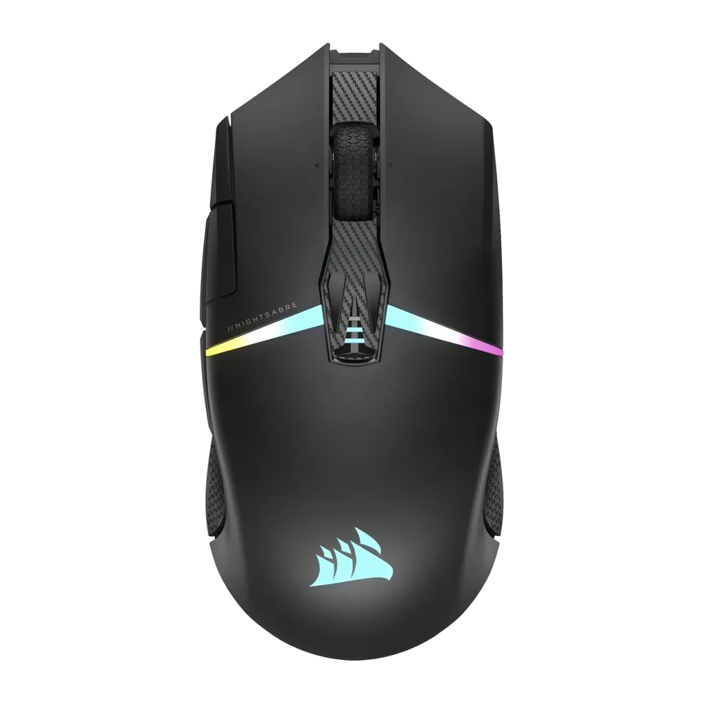 Ratón Gaming Corsair Nightsabre Wireless RGB Inalámbrico 26000 DPI Negro, vista superior: iluminación RGB en franja central