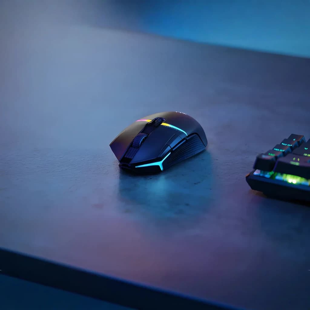 Ratón Gaming Corsair Nightsabre Wireless RGB Inalámbrico 26000 DPI Negro, en uso: sobre escritorio con iluminación RGB azul