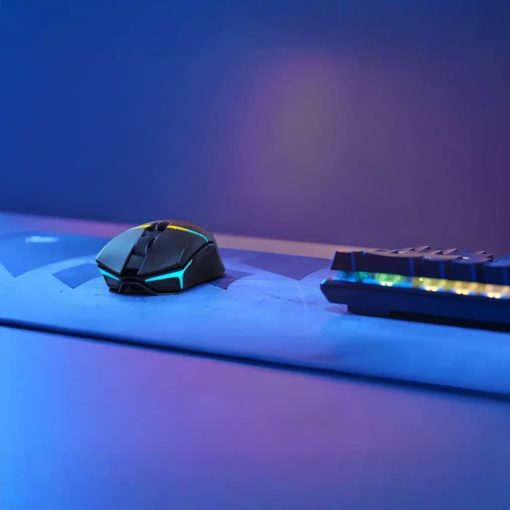 Ratón Gaming Corsair Nightsabre Wireless RGB Inalámbrico 26000 DPI Negro, en uso: sobre mousepad con iluminación RGB cyan