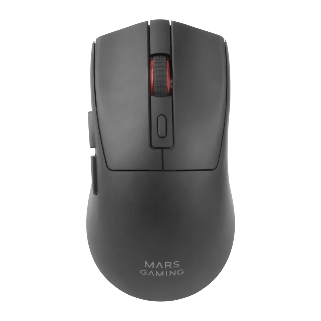 Souris Gaming Mars Gaming MM-T3 Sans Fil 14400 DPI RGB Noir, vue dessus: molette rétroéclairée rouge et boutons latéraux