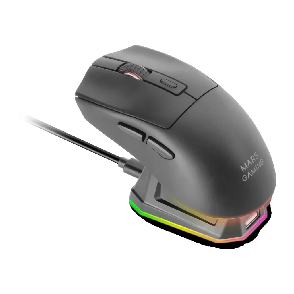 Souris Gaming Mars Gaming MM-T3 Sans Fil 14400 DPI RGB Noir, vue latérale: souris sur socle de charge avec éclairage RGB