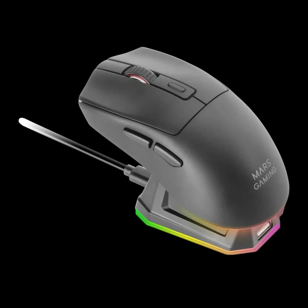 Souris Gaming Mars Gaming MM-T3 Sans Fil 14400 DPI RGB Noir, vue latérale: souris sur socle de charge avec éclairage RGB