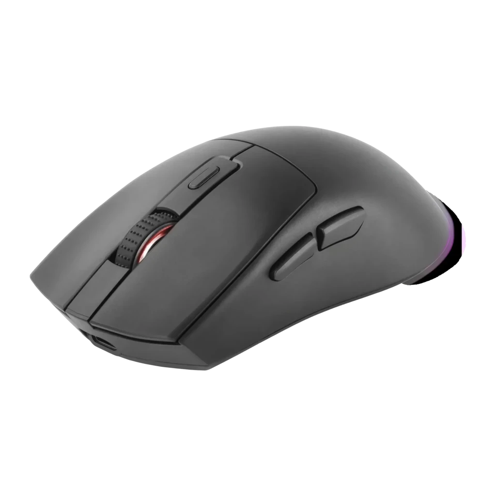 Souris Gaming Mars Gaming MM-T3 Sans Fil 14400 DPI RGB Noir, vue latérale: molette rouge, boutons latéraux et rétroéclairage