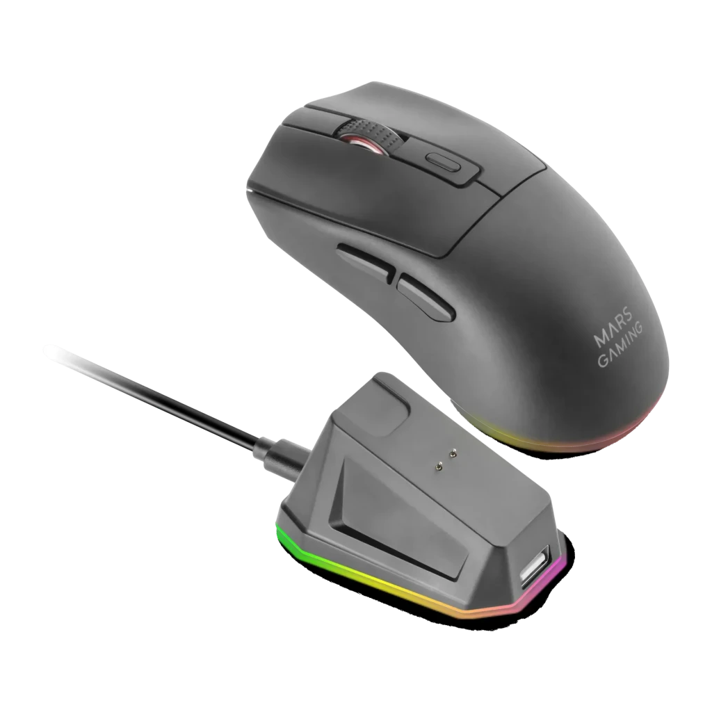 Souris Gaming Mars Gaming MM-T3 Sans Fil 14400 DPI RGB Noir, vue latérale avec dock de charge RGB et câble USB