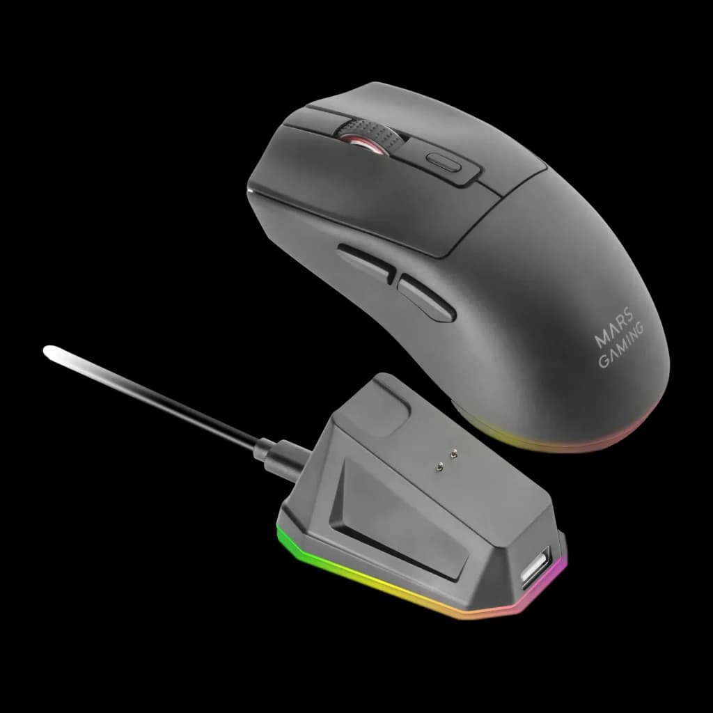 Souris Gaming Mars Gaming MM-T3 Sans Fil 14400 DPI RGB Noir, vue latérale avec dock de charge RGB et câble USB