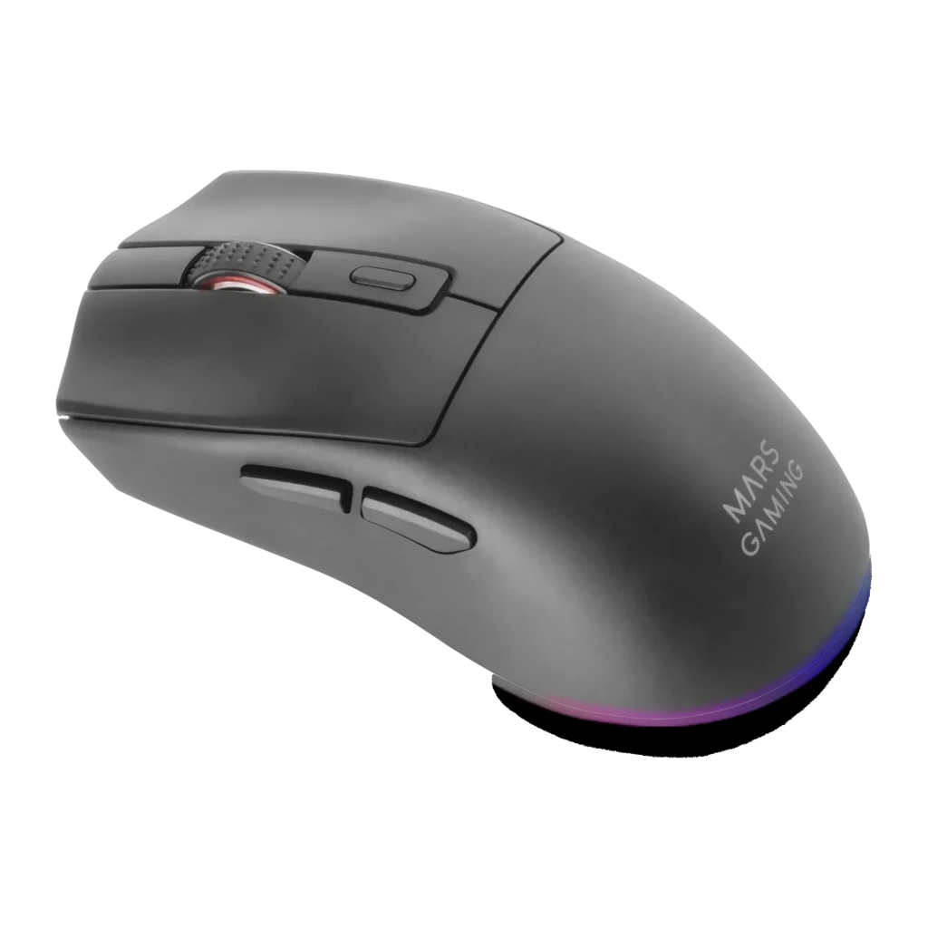 Souris Gaming Mars Gaming MM-T3 Sans Fil 14400 DPI RGB Noir, vue latérale gauche: éclairage RGB sur la base et logo Mars