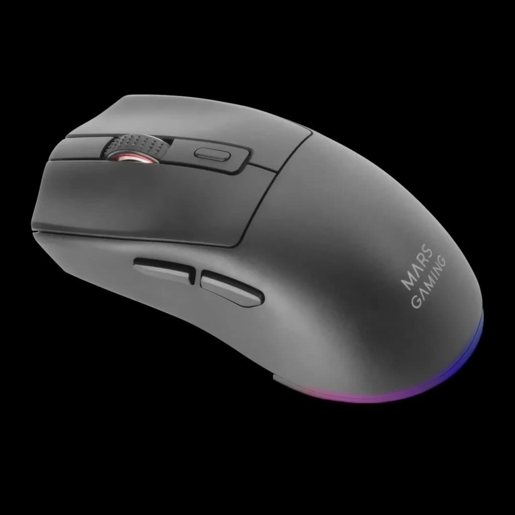 Souris Gaming Mars Gaming MM-T3 Sans Fil 14400 DPI RGB Noir, vue latérale gauche: éclairage RGB sur la base et logo Mars