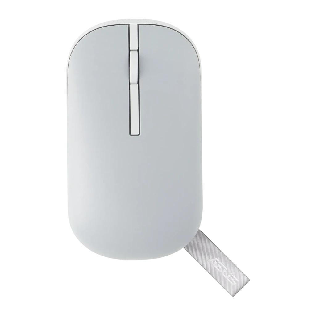 Ratón ASUS Marshmallow MD100 Gris Inalámbrico Bluetooth, vista superior: diseño compacto, rueda central y nano receptor USB