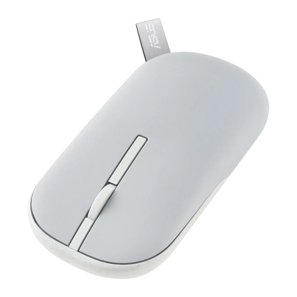 Ratón ASUS Marshmallow MD100 Gris Inalámbrico Bluetooth, vista superior en ángulo: rueda central y receptor USB extraíble