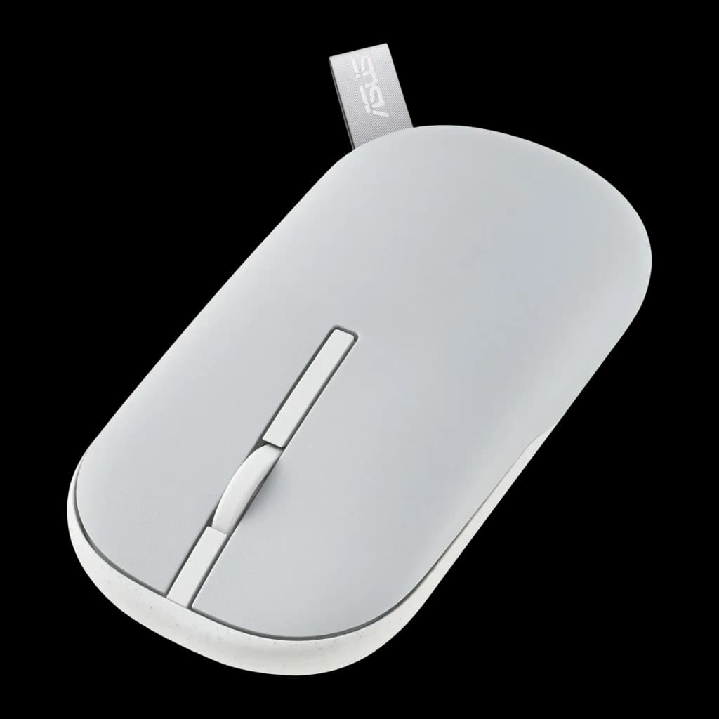 Ratón ASUS Marshmallow MD100 Gris Inalámbrico Bluetooth, vista superior en ángulo: rueda central y receptor USB extraíble