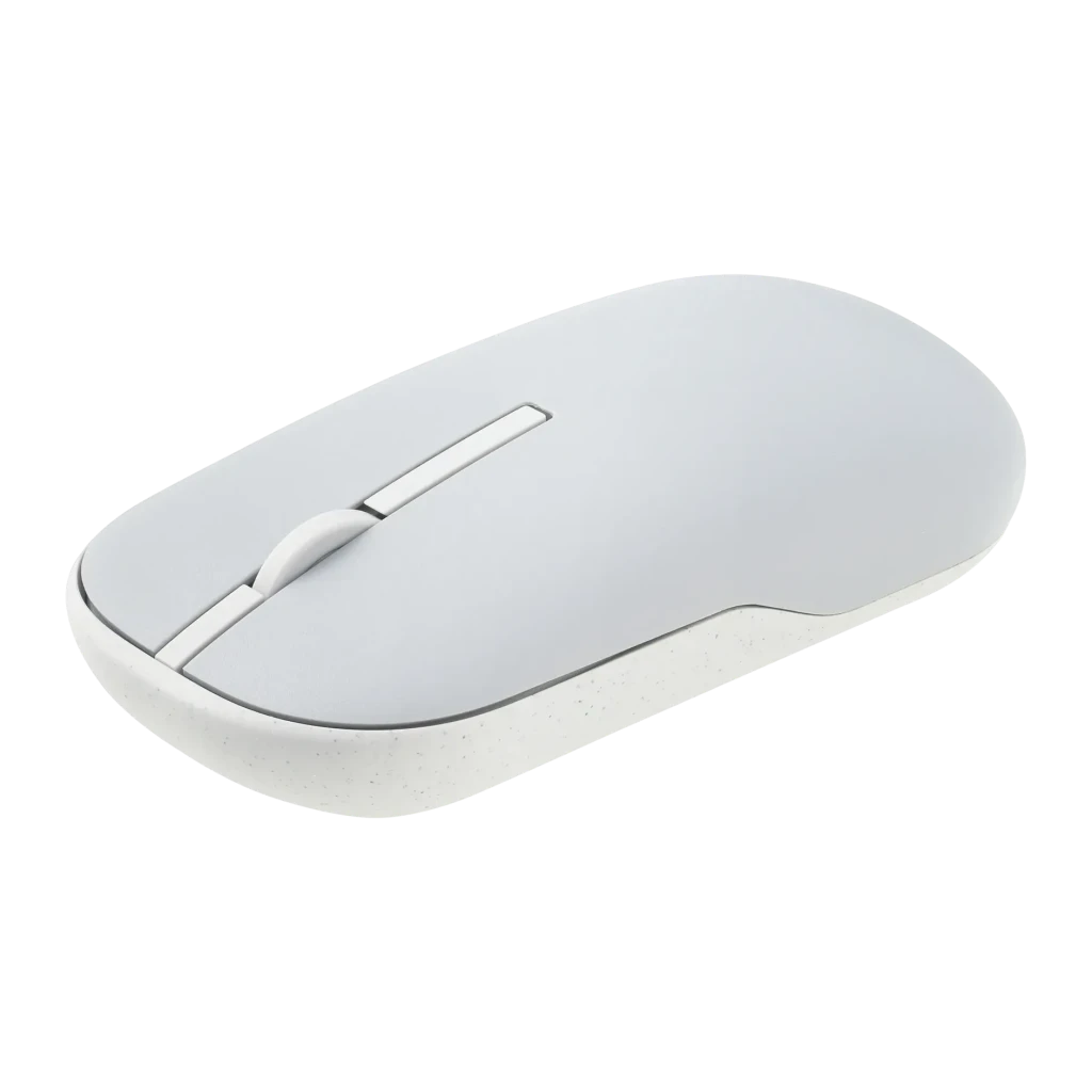Ratón ASUS Marshmallow MD100 Gris Inalámbrico Bluetooth, vista en ángulo superior: cuerpo redondeado bicolor con rueda