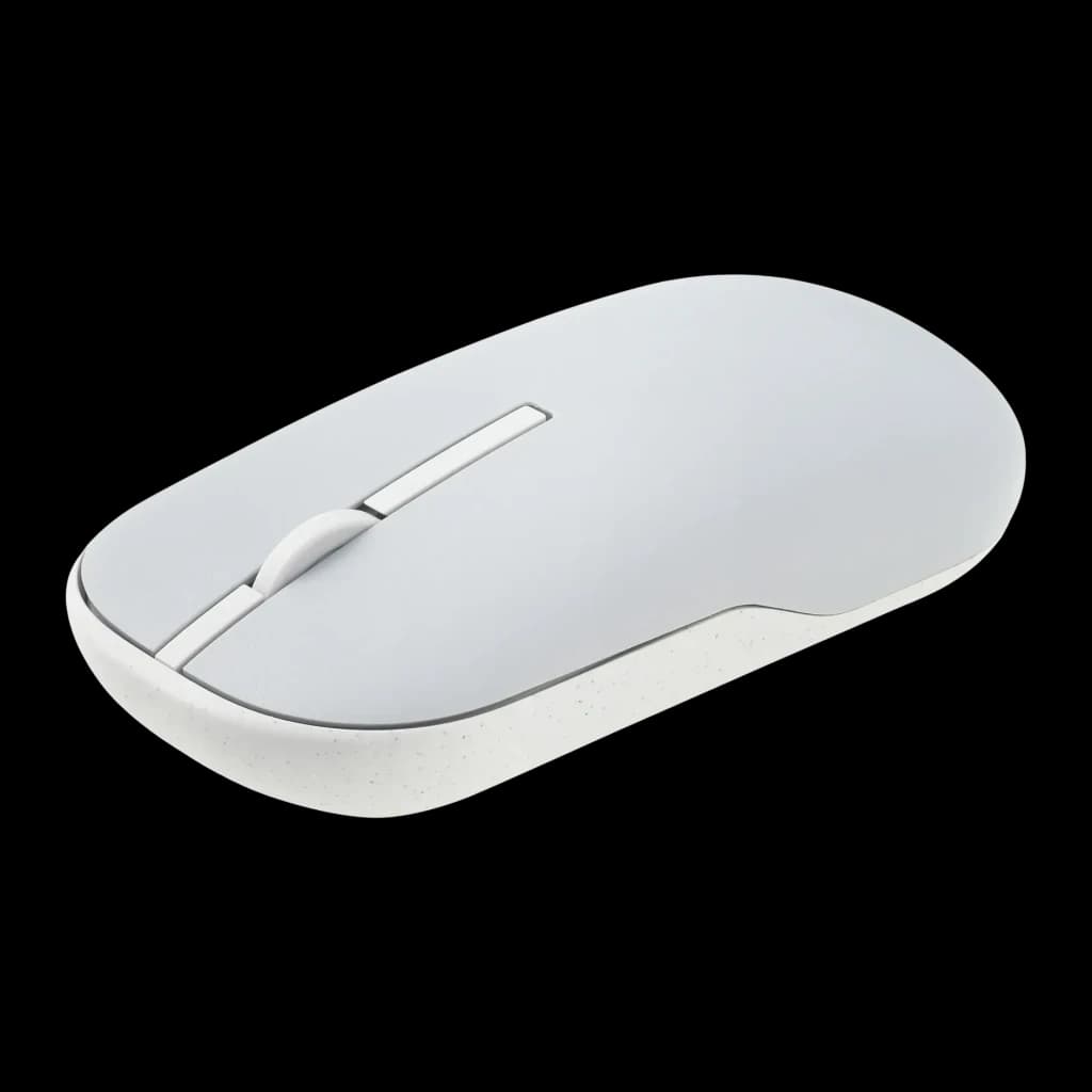 Ratón ASUS Marshmallow MD100 Gris Inalámbrico Bluetooth, vista en ángulo superior: cuerpo redondeado bicolor con rueda
