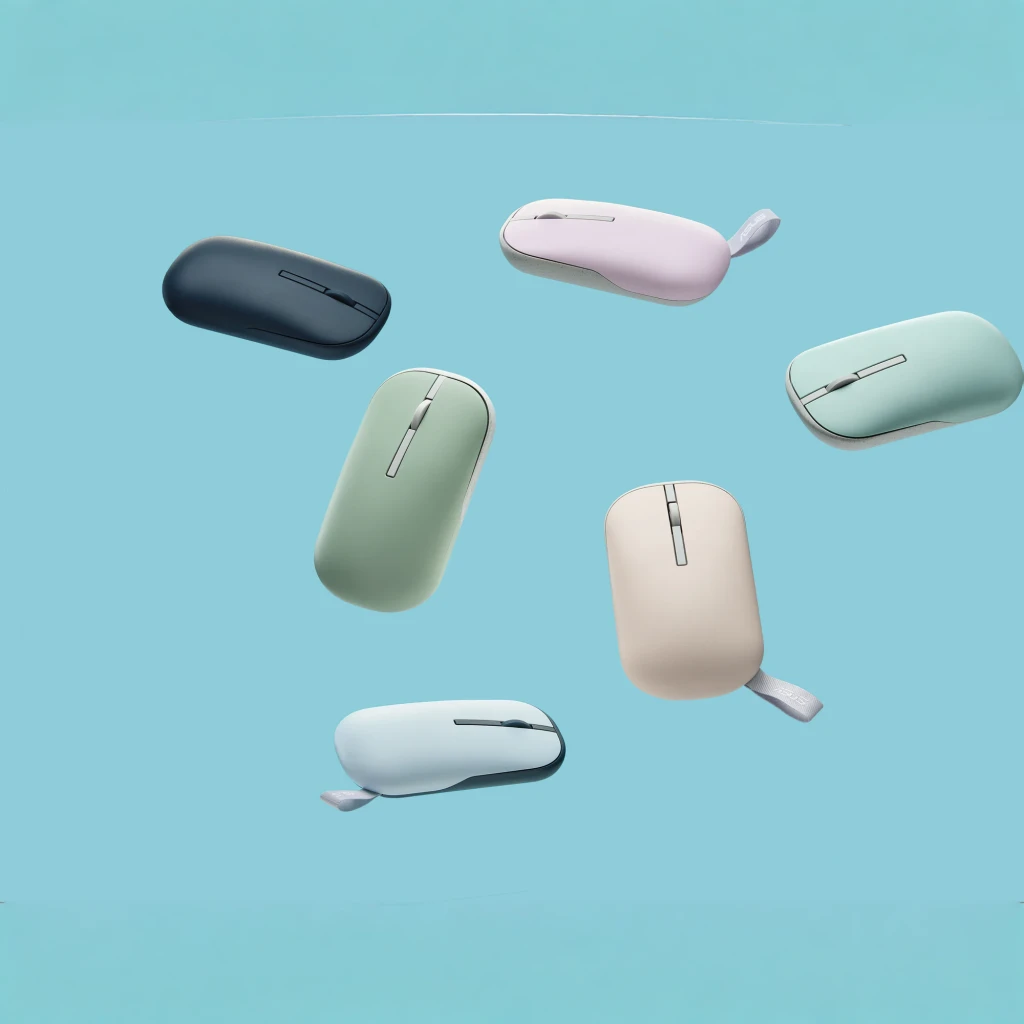 Ratón ASUS Marshmallow MD100 Gris Inalámbrico Bluetooth, en uso: 6 unidades flotando en distintos colores pastel sobre fondo